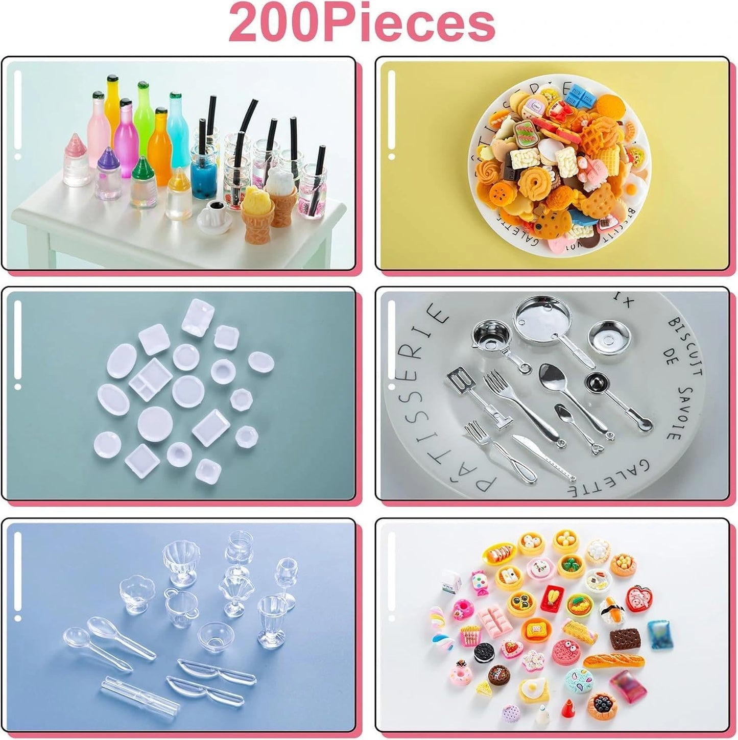 Diinokiy 200Pcs Dollhouse Miniature Food Drinks Bottle Cooking Toys Kitchen Accessories Mini Play Fake Resin Pretend Game Party Tableware Bread Cake Ice Cream 1/12 Doll House Landscape