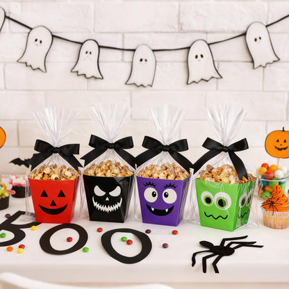 Pajean 24 Sets Halloween Popcorn Boxes with Cellophane Bags and Ribbon, 4.72''x 4.72''x 3.54'' Cardboard Paper Snack Treat Goodie Gift Cookies Candy Boxes for Trick or Treat Halloween Party Favors