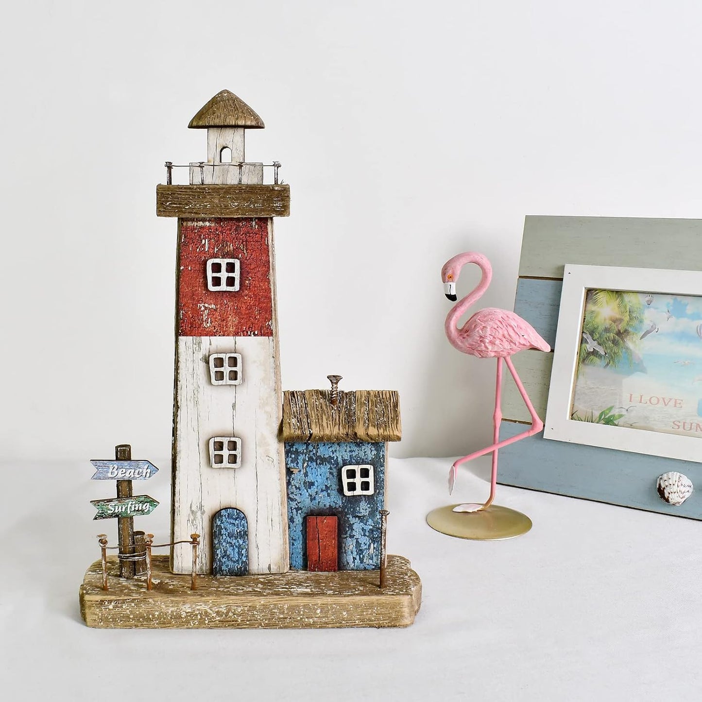Decorative Lighthouse for Home Decor, 10.16" H Rustic Wood Light House Sculpture, Nautical Beach Tabletop Centerpiece