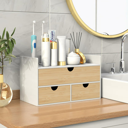 Desk Organizer with Drawers - Bamboo Desktop Organizer Storage | White-Natural Wood Desk Drawers Organizer for Bills, Office Supplies, Cosmetics, Seals No Assembly Required