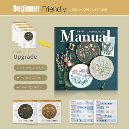 ETSPIL Embroidery Starter Kit for Adults, 2 Hoops & 4 Stamped Flower Patterns, Easy Craft for Sharing, Master 11 Stitches via 4K Videos, DIY Gift for Women, Friends and Beginners
