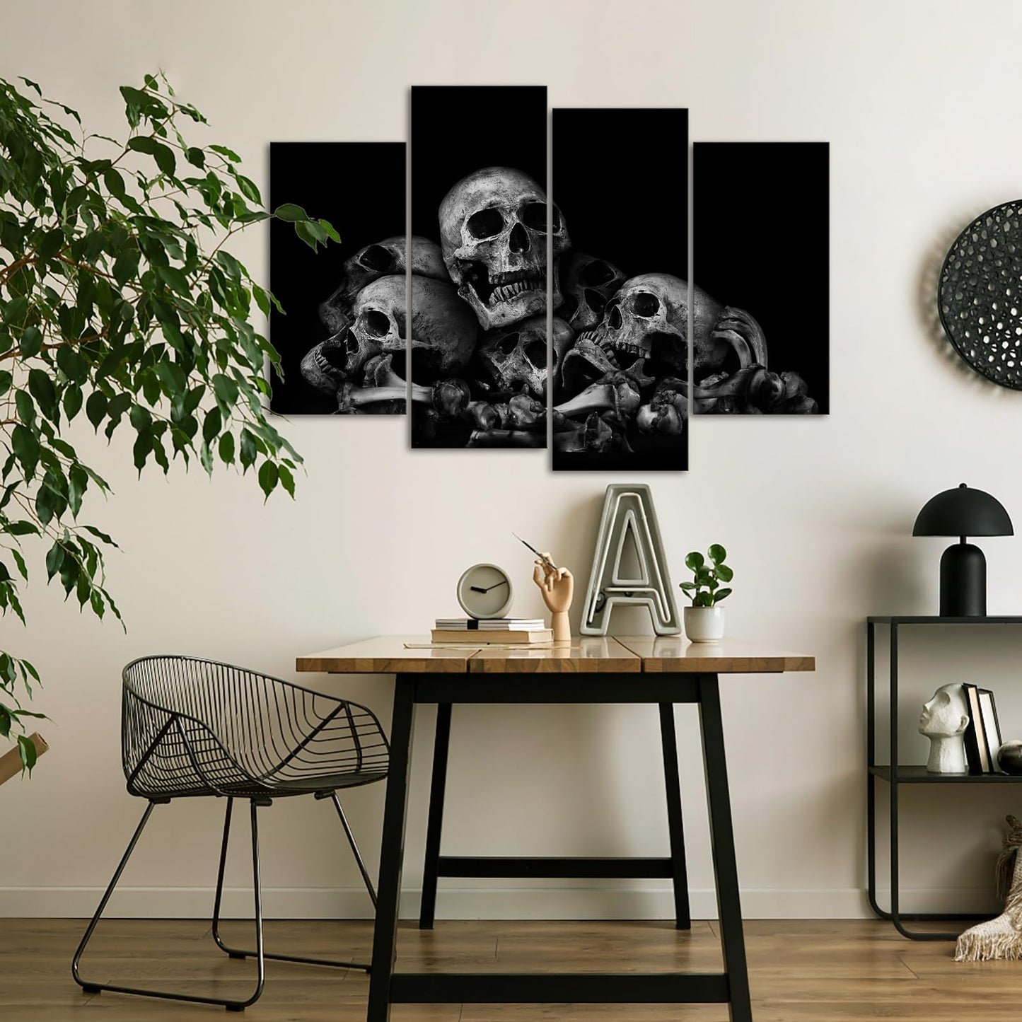 iKNOW FOTO Large 4-Panel 48x33 Black and White Skulls Canvas Wall Art - Abstract Halloween Day of Dead Skeleton Picture Print, Ready to Hang for Home Bedroom Decor