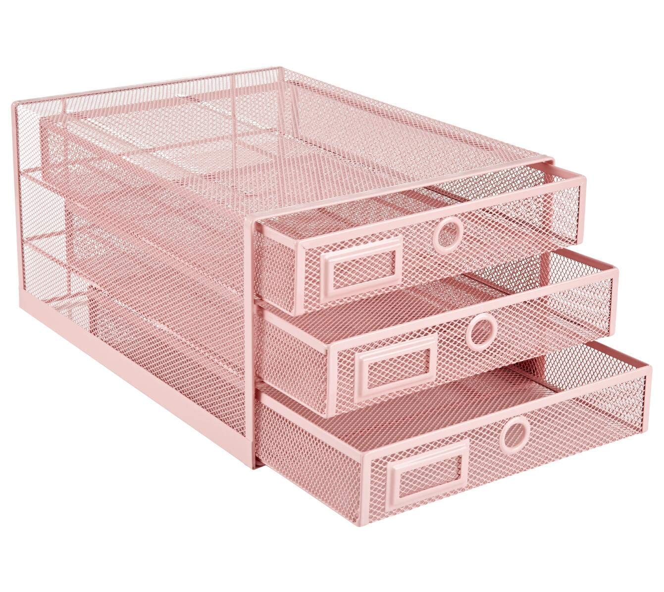 Annova Desk Organizer Wire Mesh 3 Tier Sliding Drawers Paper Sorter/Multifunctional/Premium Solid Construction for Letters, Documents, Mail, Files, Paper, Kids' Art Supplies (Light Pink)