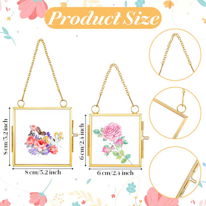 6 Pcs Mini Double Glass Pressed Flower Photo Frame Craft with Chain, 2.36" and 3.14" Small Square Glass Flower Frame for Christmas Handicraft Home Decor Gallery Artwork