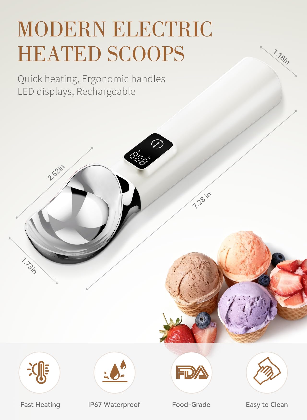 Heated Ice Cream Scoop Rechargeable, 5000mAh Battery Electric Ice Cream Scoop for Hard Icecream and More with LED Display, Self-Warming Heats To 158℉, IP67 Waterproof, Ideal Kitchen Gifts (White)
