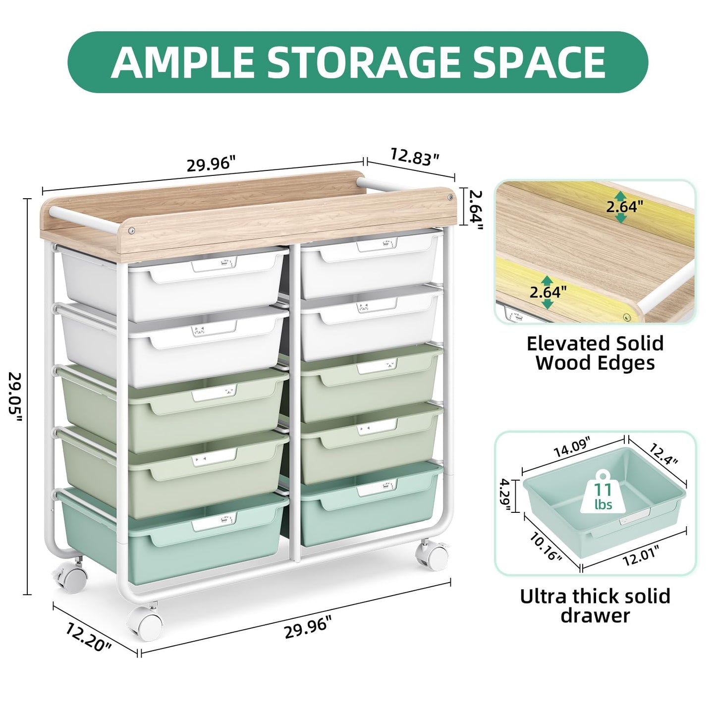 10 Drawers Rolling Cart with Wooden Tabletop, Utility Storage Cart with Wheels, Art Supply Craft Organizer on Wheel with Metal Frame & Handles for Home Office School,Green