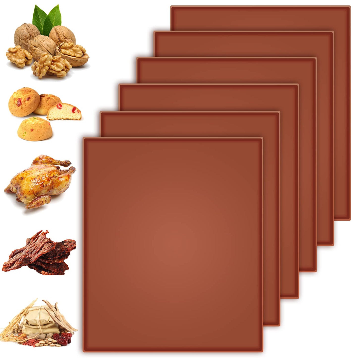 6PCS Silicone Dehydrator Sheets with Edge, Anglecai 12.2 x 10.2 Inch Silicone Dehydrator Mats Compatible with Cosori CP267-FD, Nonstick Dehydrator Trays Liner for Fruits Meat Vegetables(Brown)