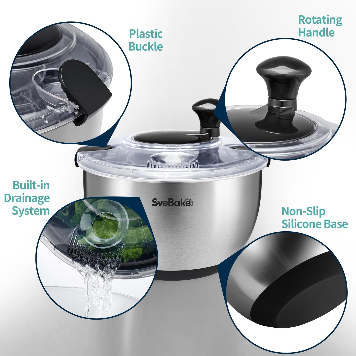 SveBake Stainless Steel Salad Spinner, 4.8 Qt Vegetable Washer, BPA-Free Lettuce Dryer with Crank Design, Dishwasher Safe, Non-Slip Base - Transparent Lid