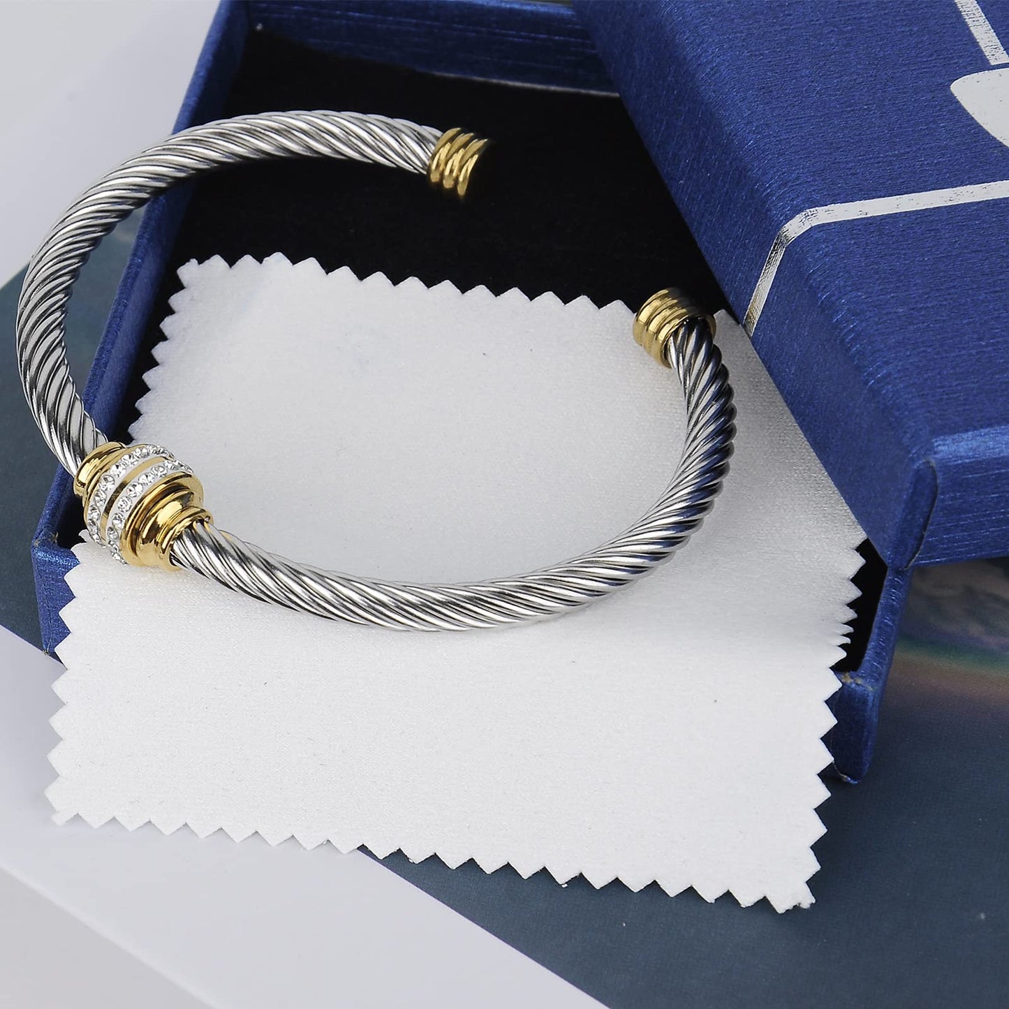 Tiyad Cable Bracelet Stainless Steel Vintage Twisted Wire Composite Open Bangle Bracelet, Adjustable Cuff Bangle Bracelet for Women & Men (Two-tone)