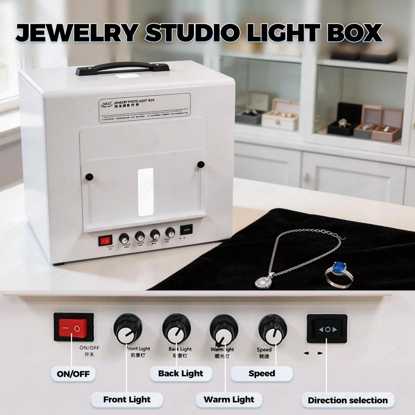 Professional Jewelry Photography Light Box Kit with 360°Dimmable Rotating Turntable, Gold Silver Softbox Photo Studio, Stunning Images, Support Jewelry Hanging or Placing, CRI>92%(Tv30)