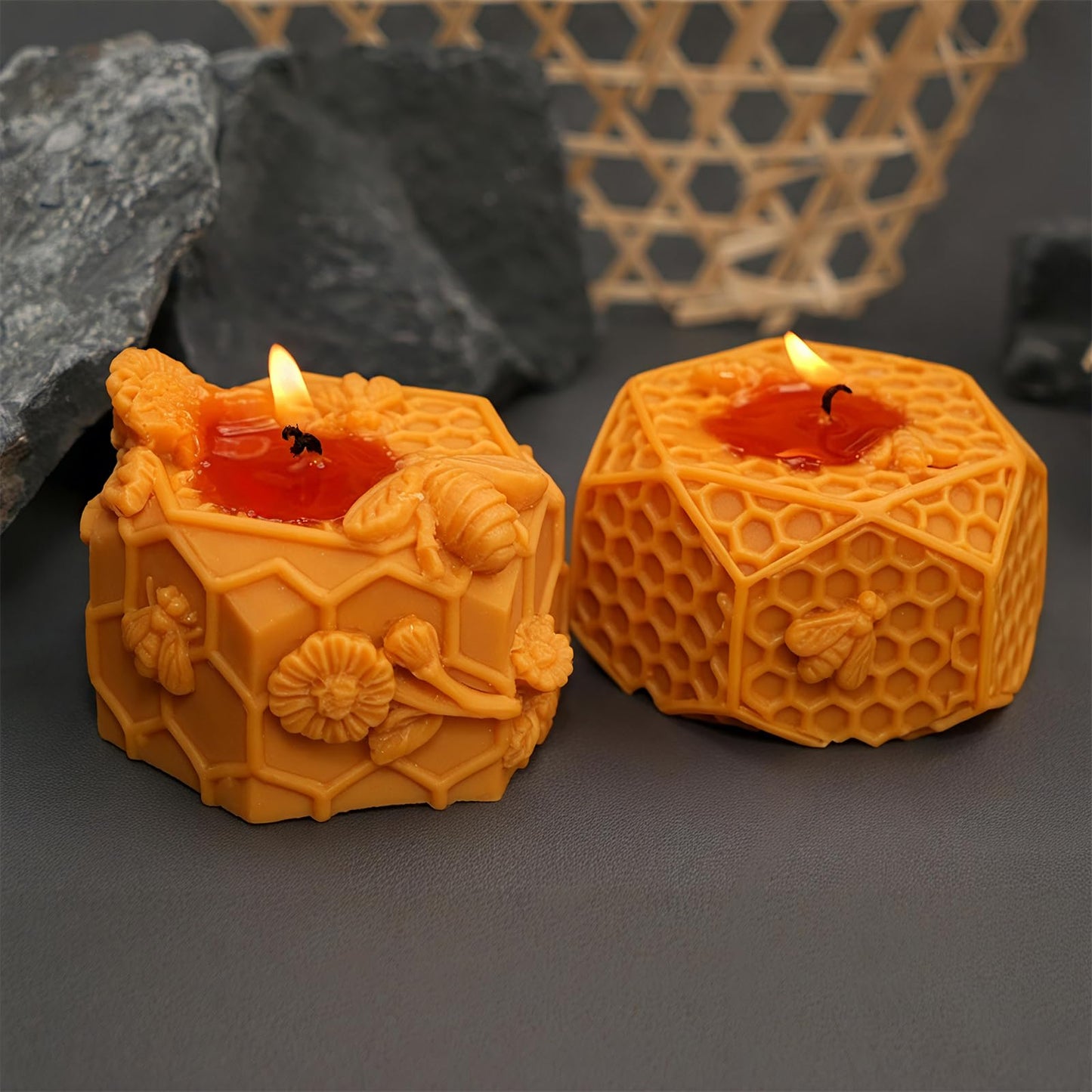 2PCS-3D Honeycomb Pillar Candle Silicone Mold DIY Embossed Bee and Flower Bee Cylinder Aromatherapy Candle Plaster Molds Handmade Home Decor Gift(Honeycomb Mold-11)