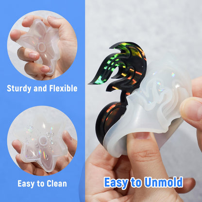 NiArt DIY Epoxy Resin Fidget Spinner Molds Set – 5 Holographic Silicone Casting Molds with Rainbow Texture, 15 Bearings, 15 Pairs Plastic Caps & Organizer Box for Handmade Finger Toys & Craft Projects
