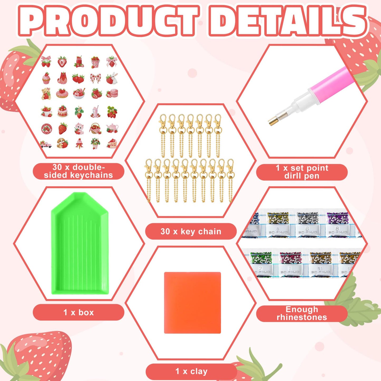 Huquary 30 Pcs Diamond Painting Keychains Strawberry Diamond Art Berry Party Crafts Favor 5d Double Sided Keychains for Adult Beginner DIY Crafts Party Gift