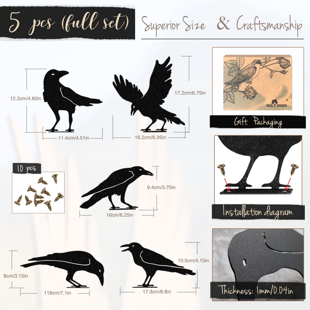OULYDEKO Raven Decor,Metal Birds Black Bird Crow Statue,Raven Statue Fence Topper Fake Crow,Crow Decor Garden Ornament Fence Topper Gothic Home,Crow Decor,Witchy Garden Decor,Halloween Decorations