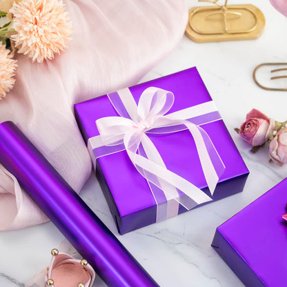 Homeral Purple Wrapping Paper Roll - 17 In x 33 Ft Matte Metallic Solid Color & Purple and White Checkered Reversible Gift Wrapping Paper for Birthday, Wedding, Christmas, Valentine, Baby Shower