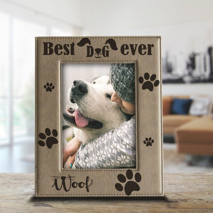 BELLA BUSTA - Best Dog Ever - Engraved Leather Picture Frame, Christmas, Birthday Keepsake for Dog Lover, 5x7 Vertical