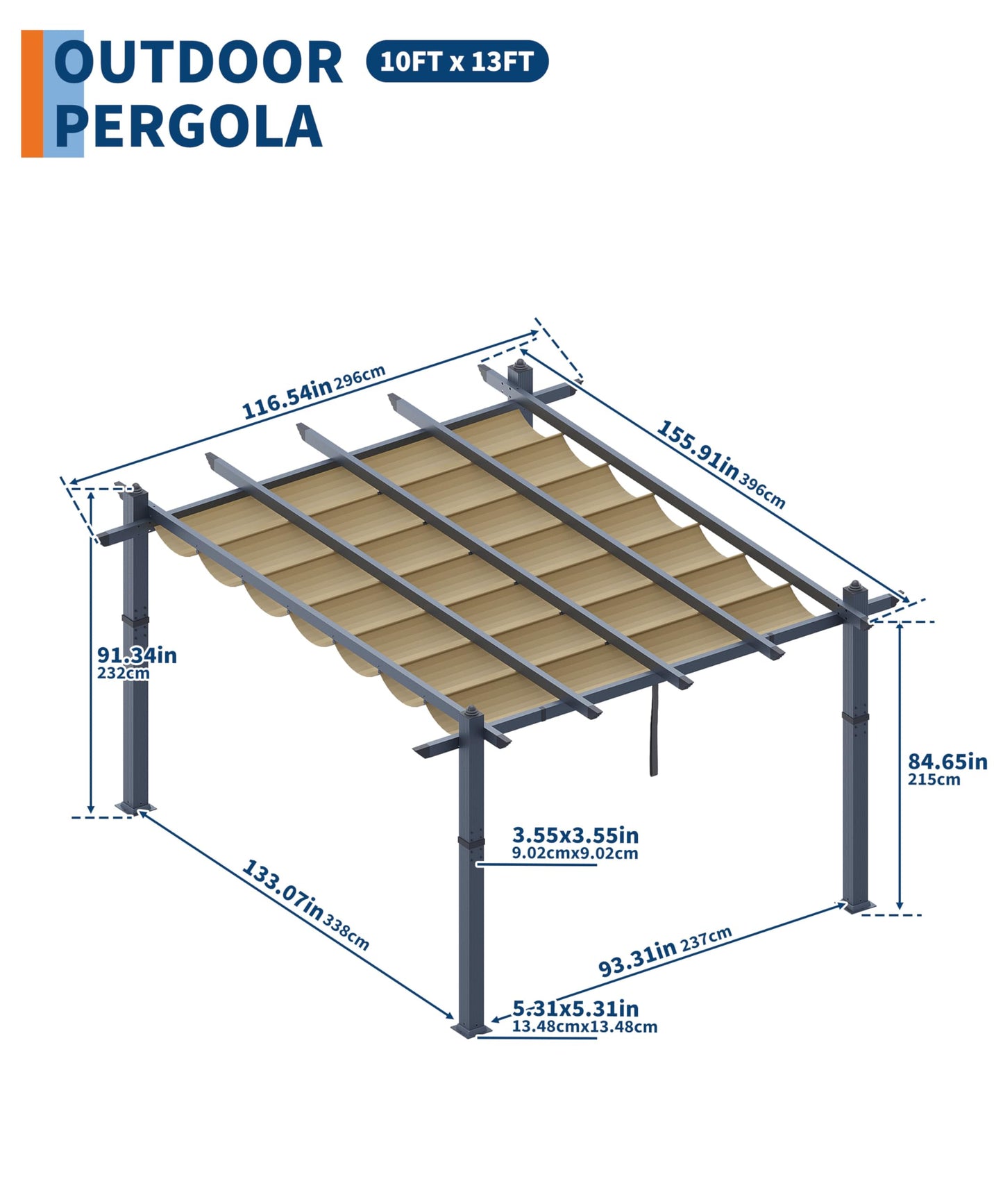 GarveeLife 10x13 ft Aluminum Pergola, Outdoor Metal Pergola with Adjustable Canopy, Reinforced Frame Outdoor Shelter for Backyard, Garden and Deck - Khaki