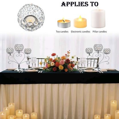 Kehail 6 Pcs Silver 3-Arm Heart Tea Light Candle Holder - Crystal & Metal Wedding Centerpiece Decor, Sparkling Table Decor for Anniversaries/Romantic Tabletop Home/Dinner Party/Events
