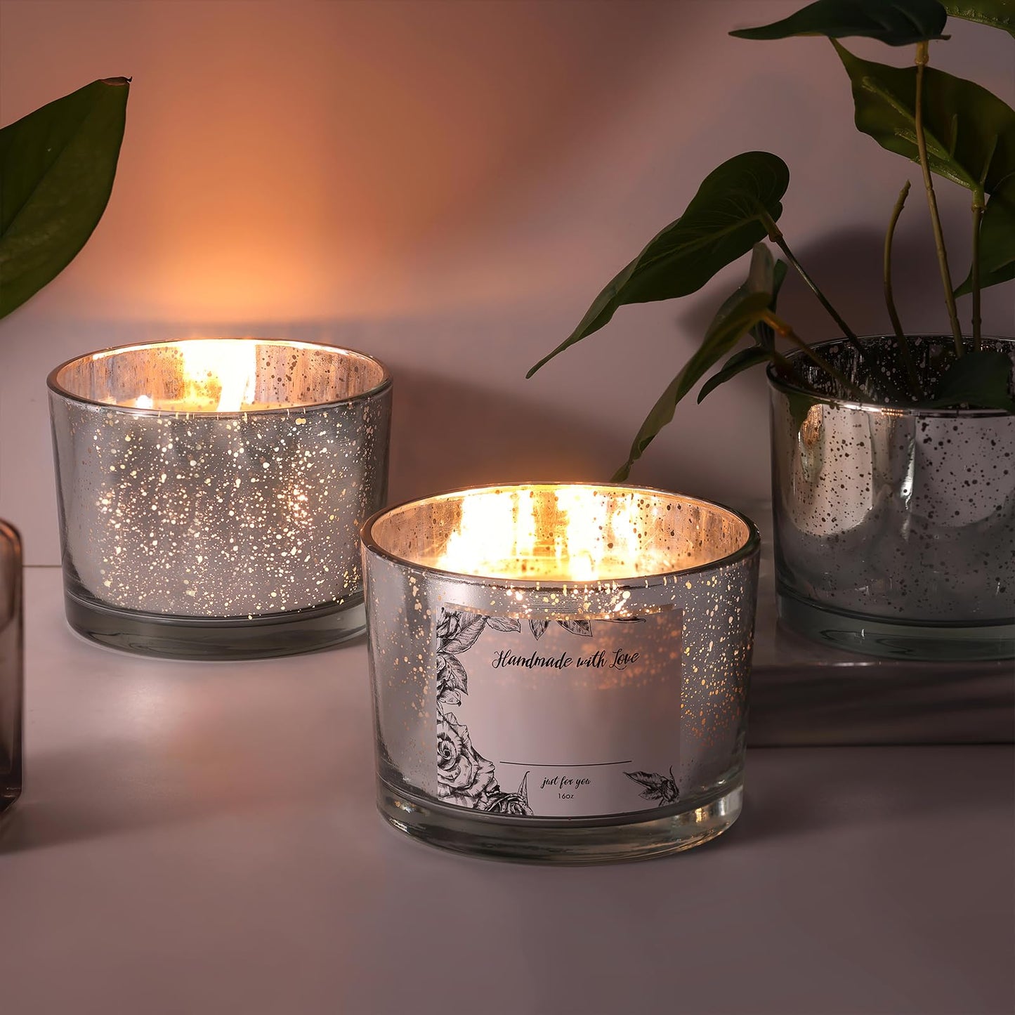 simeitol 16 OZ Speckled Silver Candle Jar for Making Candles 6 Pcs, Glass Candle Jars with Airtight Bamboo Lids - Empty Candle Jars Bulk with Sticky Warning Labels - for Home, Wedding, Christmas