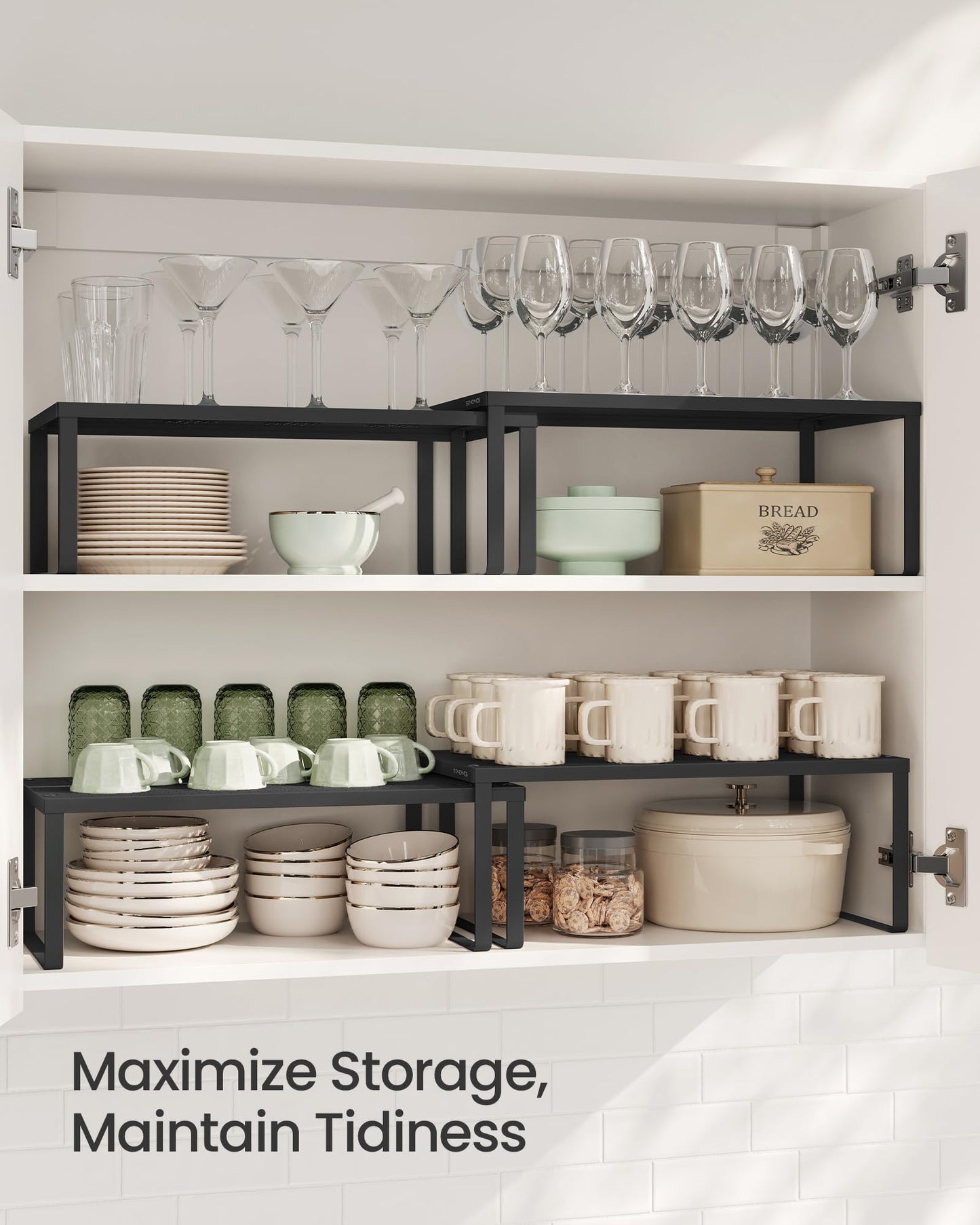 SONGMICS Spice Racks, Set of 2 Metal Cabinet Shelf Organizers, Countertop Organizers, Shelf Risers, Stackable, Expandable, Silver UKCS01SV
