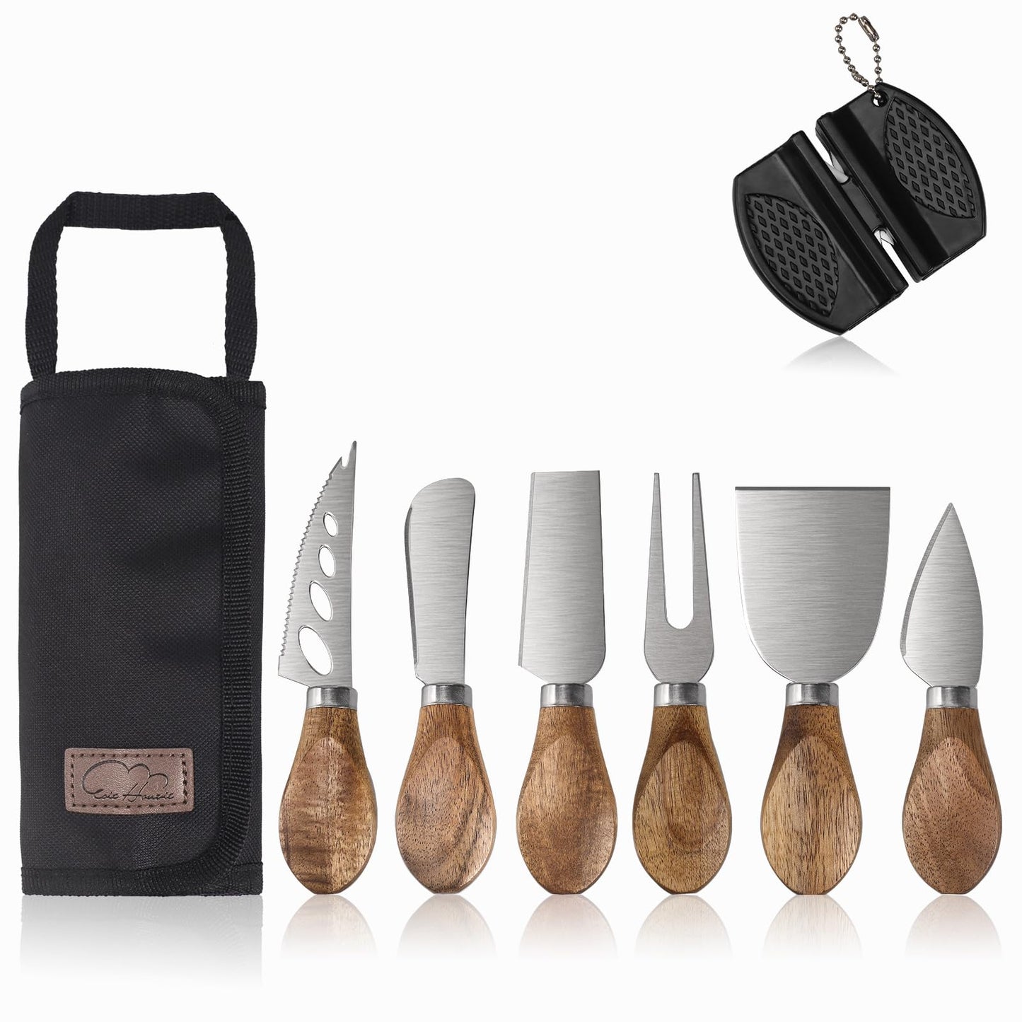 Esie Houzie Charcuterie Board Accessories - 6 Piece Cheese Knife Set Stainless Steel With Acacia Wooden Handle for Cheese Serving Cutting, Cheese Tools Butter Knife With Storage Bag Included Gift Set