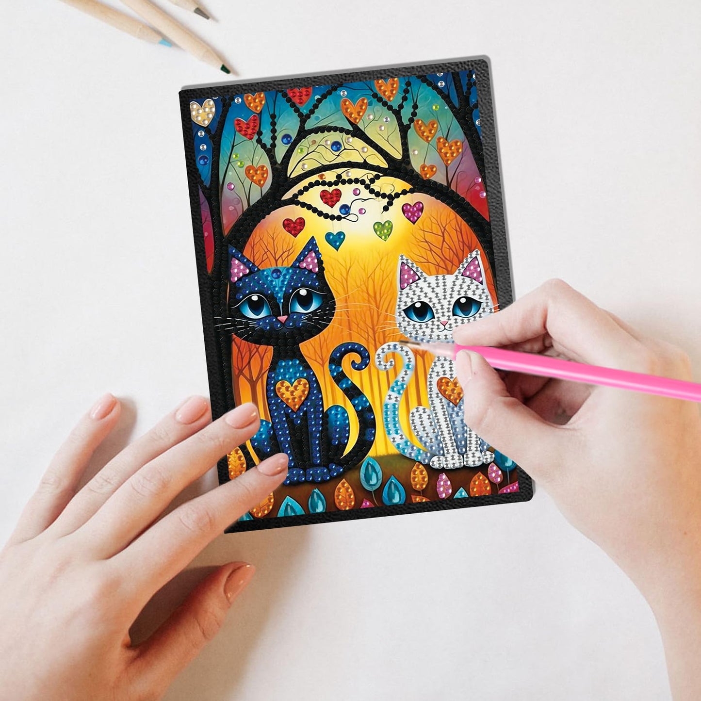 JISHSHAY 2 PCS Diamond Art Notebook Journal Diamond Painting Note Book Gem Art Sketchbook Gem Painting A5 Notebook Mosaic Kits for Adults Diary with Special Shaped 14.5×21cm/5.7×8.26in Cat