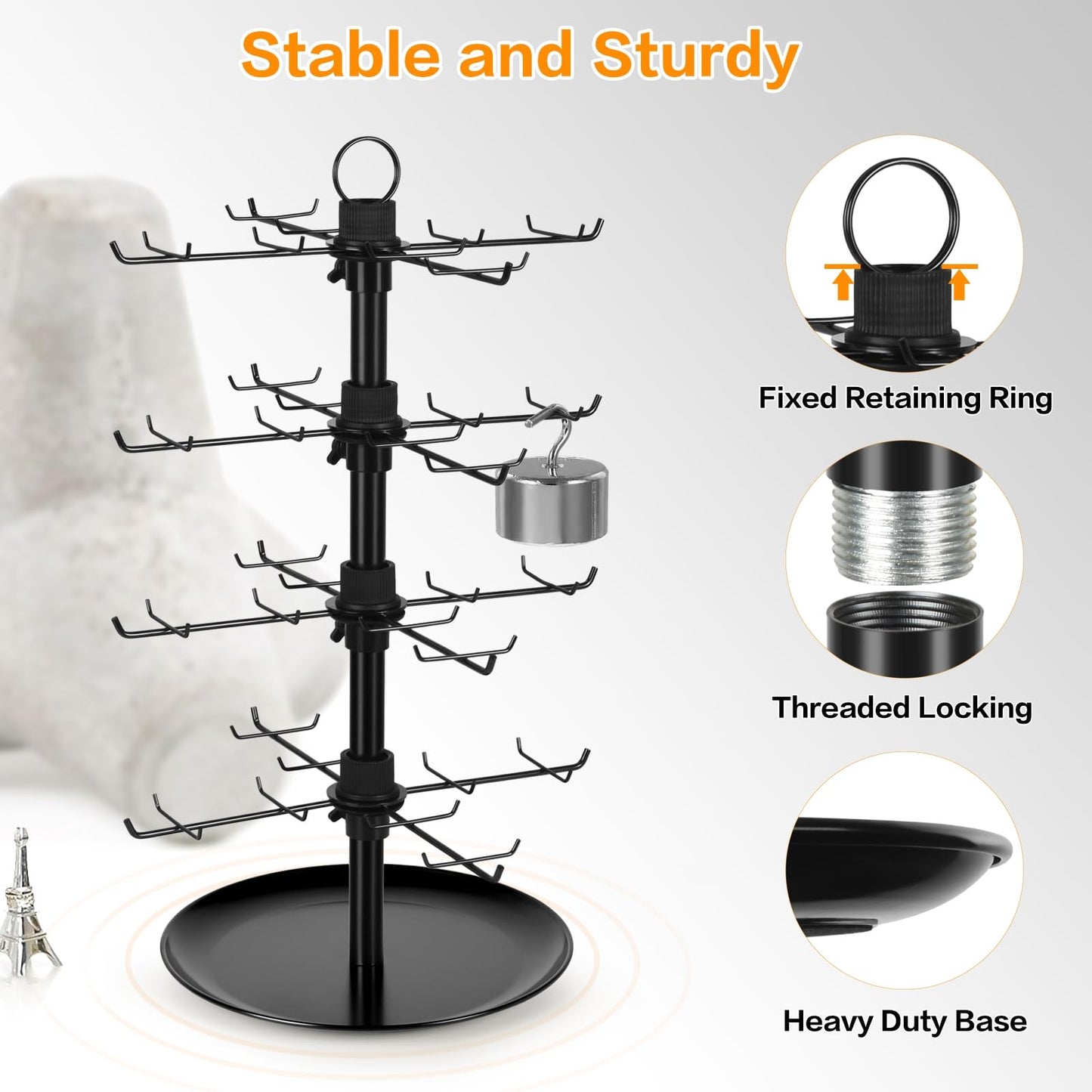 GEAMSAM Jewelry Display for Vendors with 80 Hooks, 4 Tier Rotating Display Stand Earring Holder Organizer Adjustable Height, Earring Rack Keychain Necklace Bracelet Display for Retail
