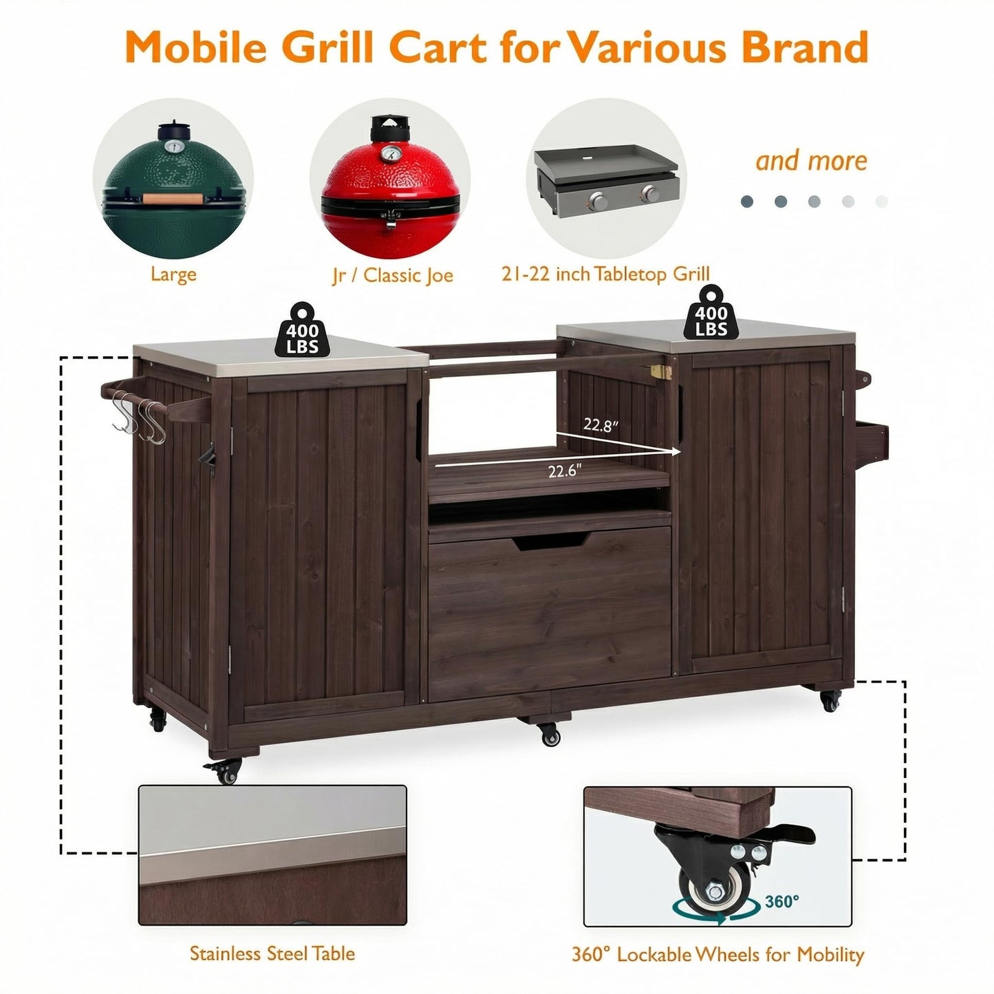 66.5" Fir Wood Grill Cart for Big Green Egg, Outdoor Kitchen Island with Stainless Steel Top, Bar Cart with Adjustable Shelf, Drawer, Hooks & Bottle Opener BBQ Cart for Patio Backyard Garden， Brown