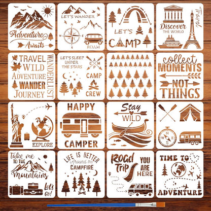 FINGERINSPIRE 16PCS Travel Theme Stencils for Painting with Brush 11.8x11.8inch Mountains Trees Compass Temple Template Tent Campfire Airplane Suitcase Stencil Maple Leaf Moon Star Boat Fish Template