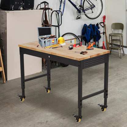 ACONEE 48" Workbench Heavy Duty, Adjustable Height Workstation with Drawer Storage, Backplate, 2000 LB Load Capacity, Multipurpose Rubber Wood Shop Table with Power Outlets, Hooks, Garage Storage