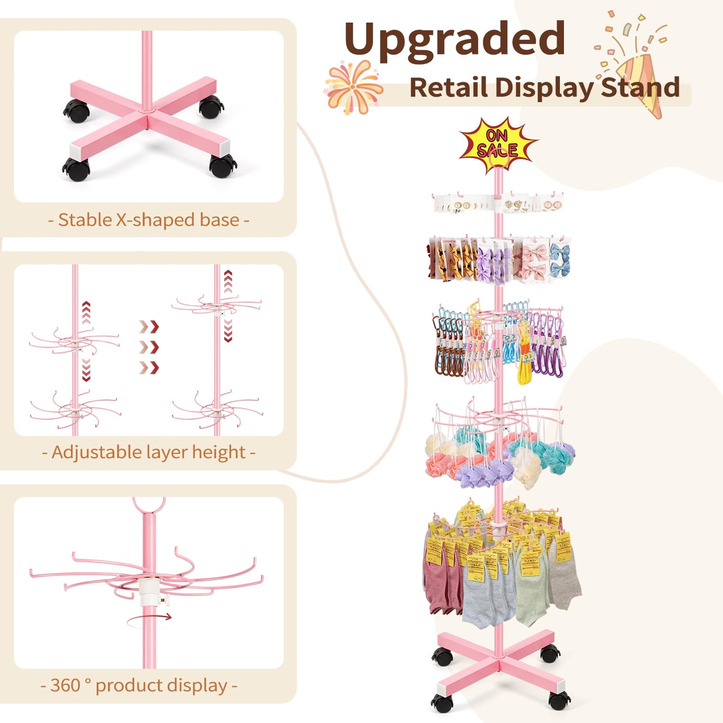 Flenpptly Retail Display Stand, 5-Tier Rotating Display Rack for Store Display, Movable and Adjustable Spinning Display Stand for Earrings, Jewelry, Keychains, Socks Display (Pink)