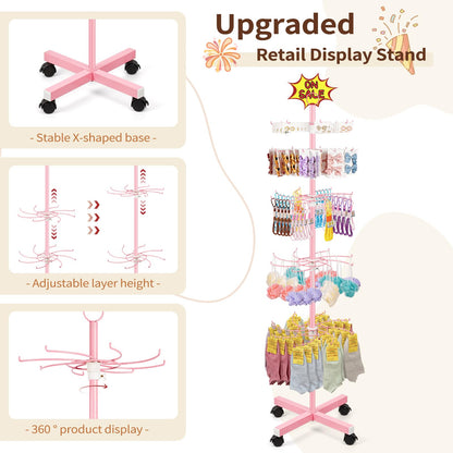 Flenpptly Retail Display Stand, 5-Tier Rotating Display Rack for Store Display, Movable and Adjustable Spinning Display Stand for Earrings, Jewelry, Keychains, Socks Display (Pink)