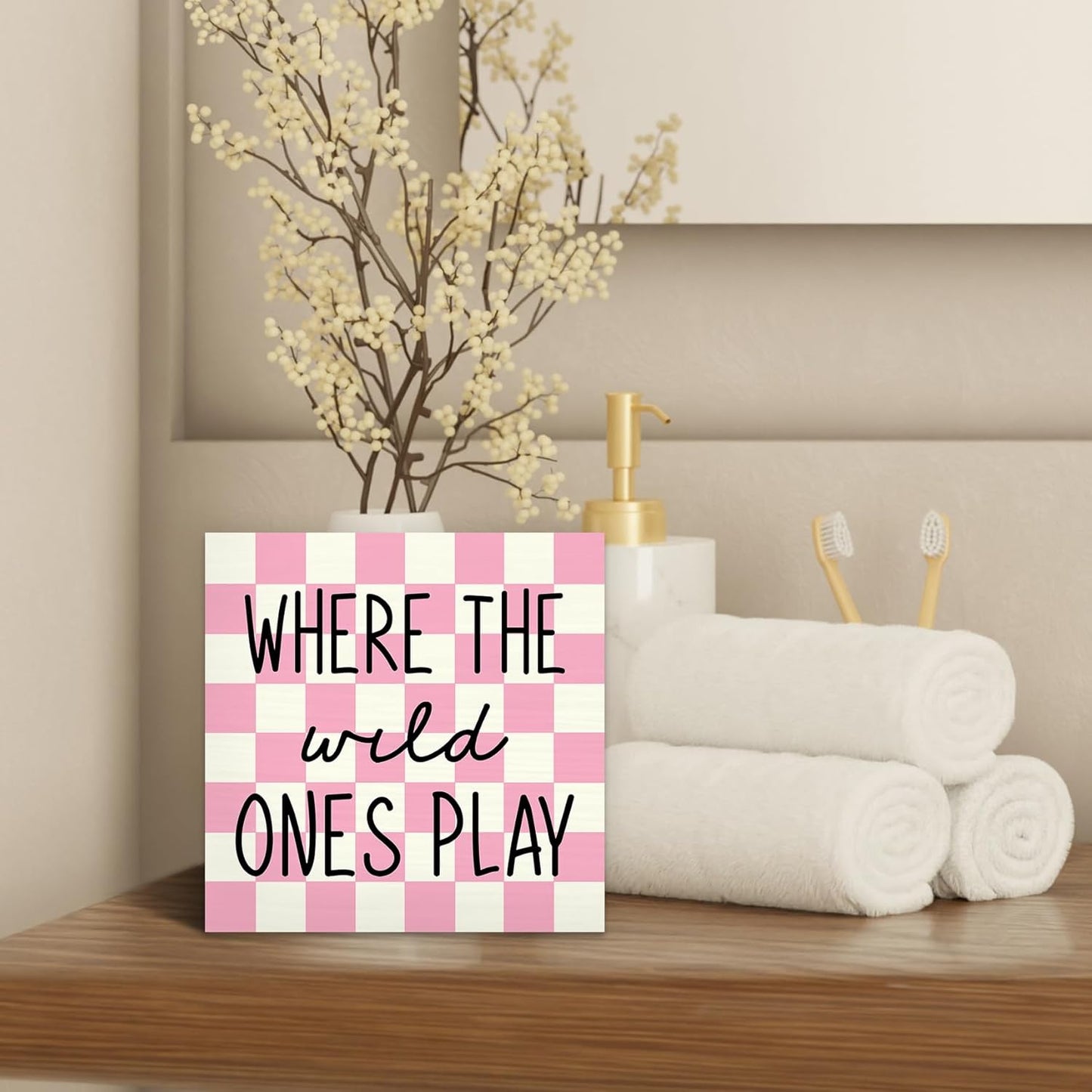 5X5, Where The Wild Ones Play Wood Box Sign Desk Decor Nursery Kids Room Wooden Block Sign Decorations for Playroom