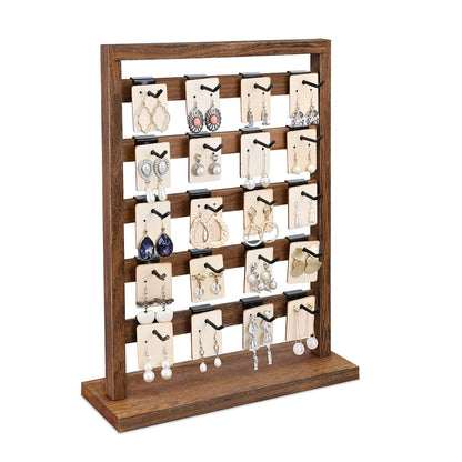 Ikee Design 5 Tiers Free Assemble Wooden Jewelry Display Rack with 20 Removable Metal Hooks,Earring Card Display Stand,Jewelry Organizer,Bracelet Organizer,Keychain Display Stand,Brown Color