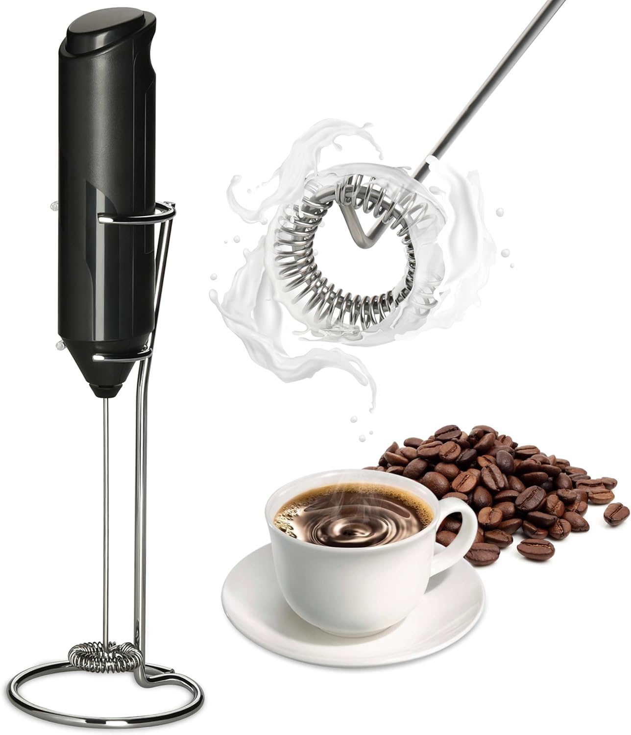 Handheld Milk Frother with Stainless Steel Stand, Battery Operated Whisk Maker for Lattes, Coffee, Cappuccino