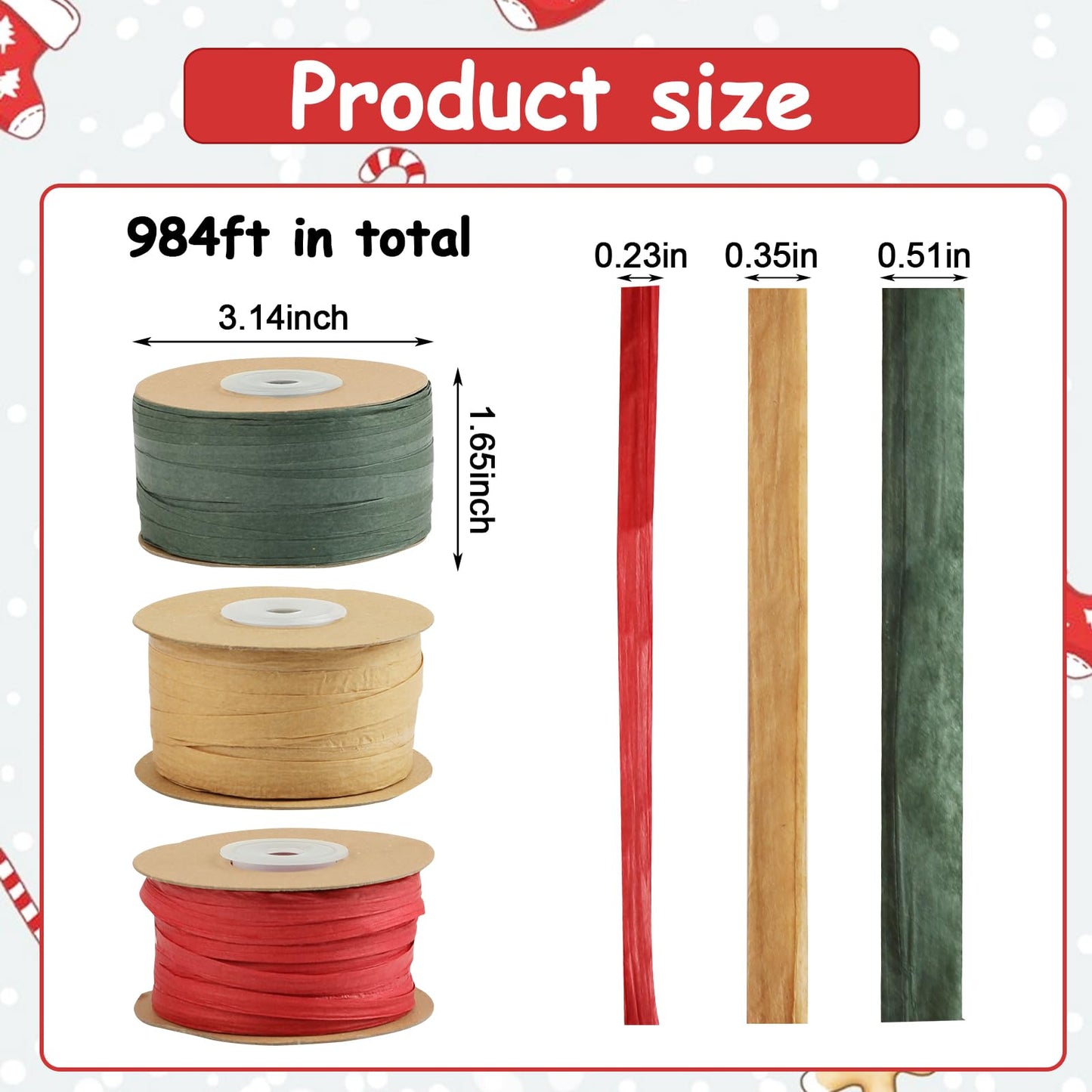 FOIMAS 984ft Raffia Paper Ribbon,Red Green Brown Kraft Ribbon Gift String Packing Paper Twine for Christmas Gift Wrapping DIY Craft Supply