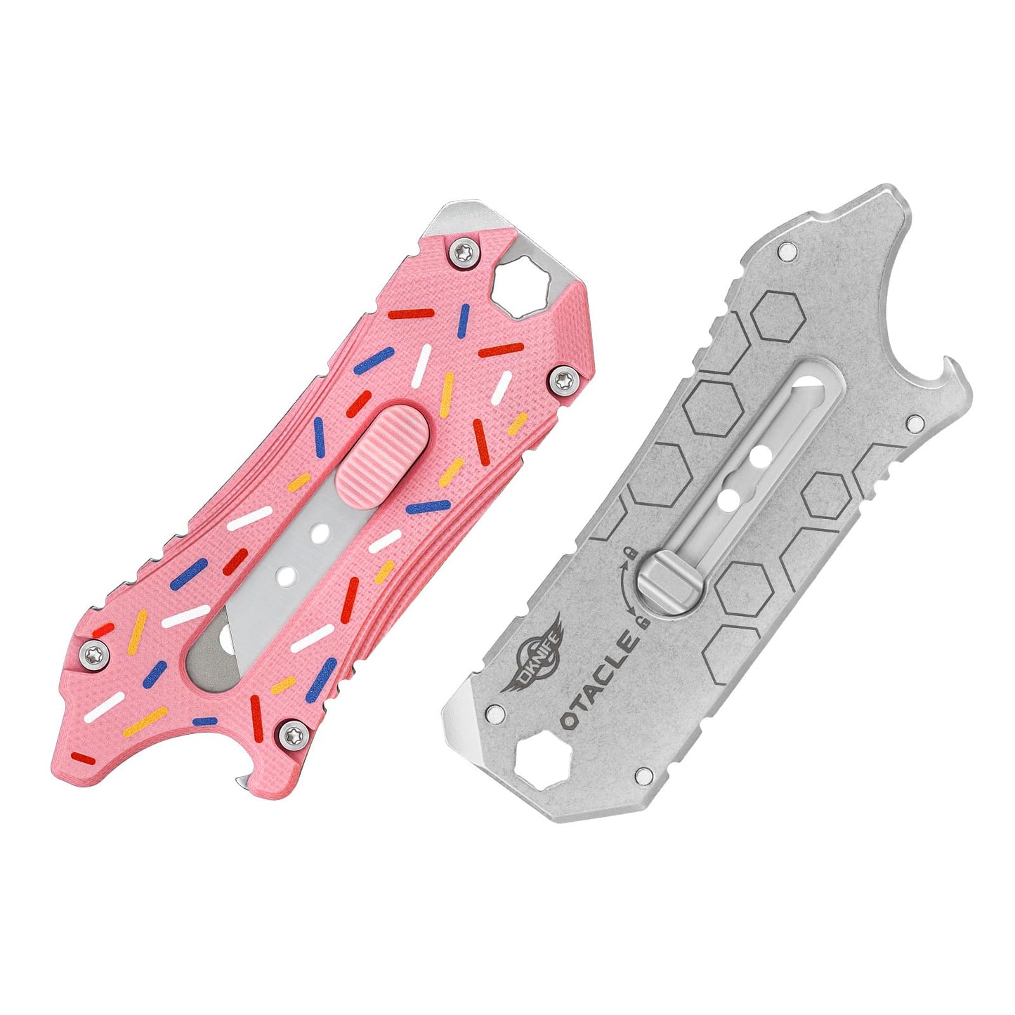 OKNIFE Otacle EDC Retractable Utility Knife, Box Opener Razor Knife, Multifunctional Tool with Belt Cutter, Bottle Opener, Hex Wrench and 6.35 mm Slotted Screwdriver(Doughnut)