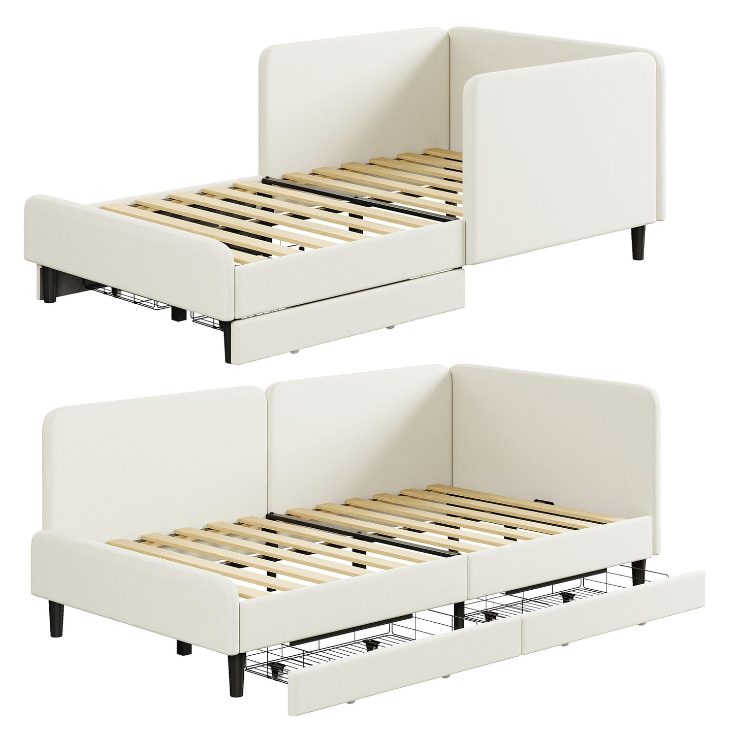 LIKIMIO Twin Daybed with Headboard, Corner Bed Frame with Bed Rails and Storage Drawers, Solid Support, for Bedroom Guest Room, Cream