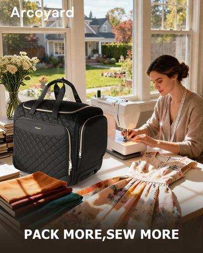 Arcoyard Sewing Machine Case with Wheels, Integrated Rolling Sewing Machine Carrying Tote Bag with Removable Bottom Board & Multiple Storage Pockets, Compatible with Singer, Brother, Janome, Black