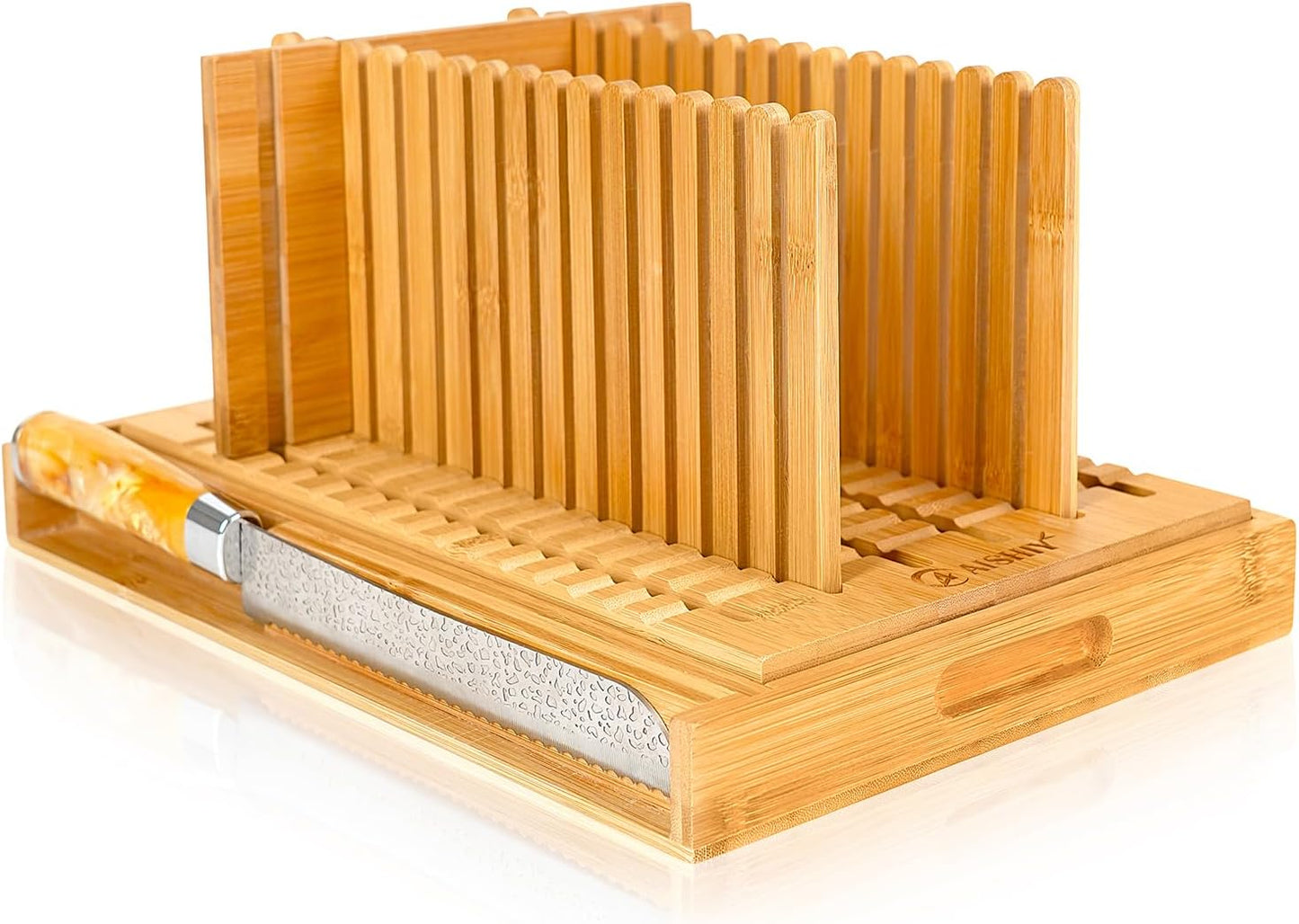 Bread Slicer for Homemade Bread, Adjustable Thickness and Width Slicing Guides, with Crumb Tray, Damascus Knife