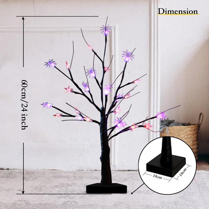 HipTree Halloween & Seasonal Decor Combo: 28 Inch Lighted Skeleton Wreath with Autumn Leaves + 2-Pack 2ft Lighted Black Birch Trees, LED Fairy Lights for Indoor/Front Door/Tabletop Holiday Ambiance