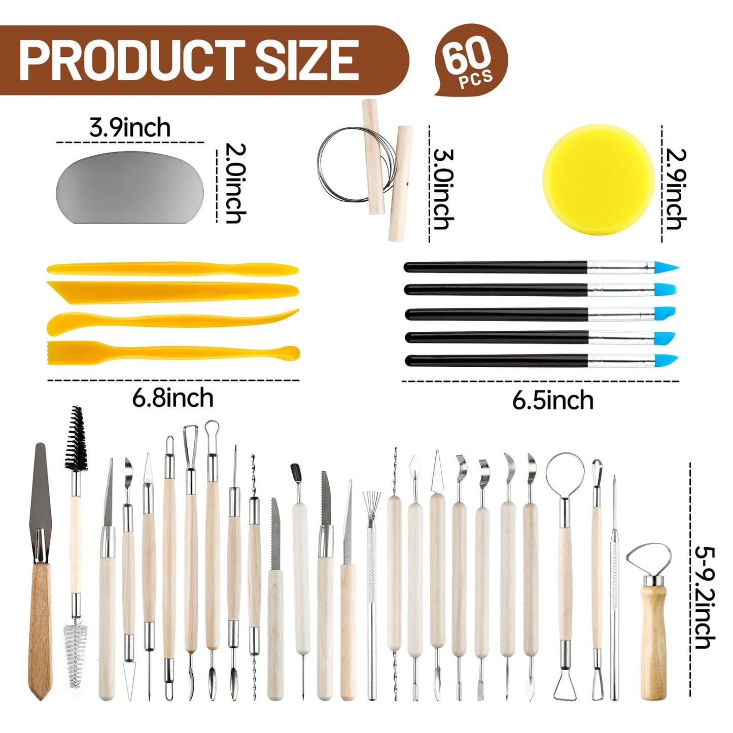 60 PCS Clay Tools Kit Pottery Sculpting Tools Set for Sculpting Modeling Trimming Molding Shaping, Polymer Clay Tools Kit for Adults Students Beginners Pros