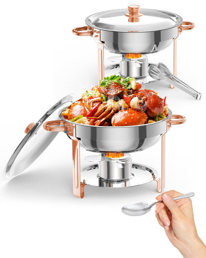 GarveeHome Chafing Dish for Buffet 2 Pack, 5 QT Round Chafing Dishes Buffet Set w/Lid Holder, Stainless Steel Chafers and Food Warmers with Spoon and Tweezers for Parties, Weddings, Events, Rose Gold