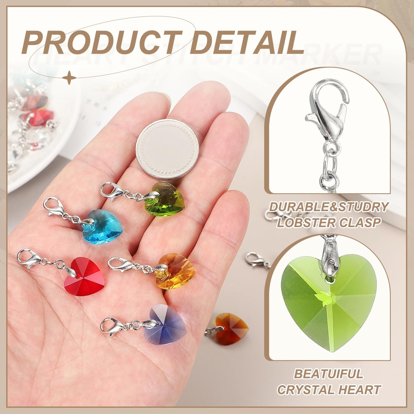 uxcell 15 Pcs Heart Stitch Markers, Locking Crystal Crochet Stitch Marker for Knitting, Heart Clip-on Charm for DIY Handcraft Jewelry Necklace Making, Olive Green