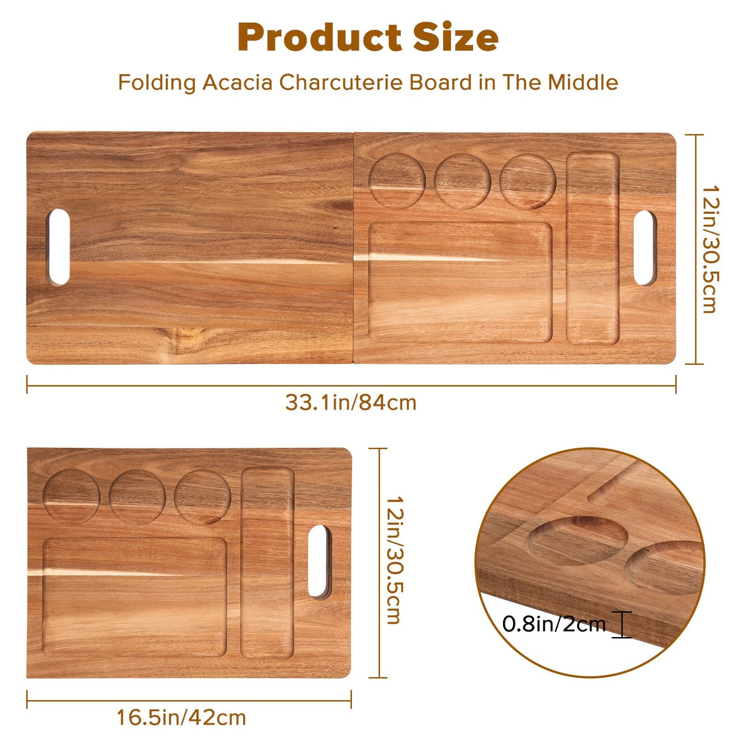 Large Acacia Wood Charcuterie Boards with Containers，33×12Inch Foldable Serving Tray for Kitchen Serving Tray Dessert Fruit Charcuterie Party