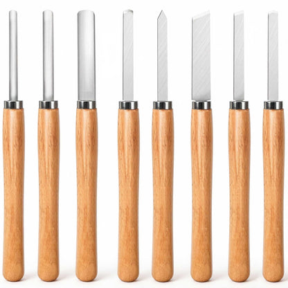 Hanpex 8 Piece Heavy Duty Wood Turning Chisel Set, Lathe Chisel Cutting Tools, (3) Gouge (1) Round Nose (1) Spear Point (2) Skew and (1) Parting Tools for Beginner to Professional