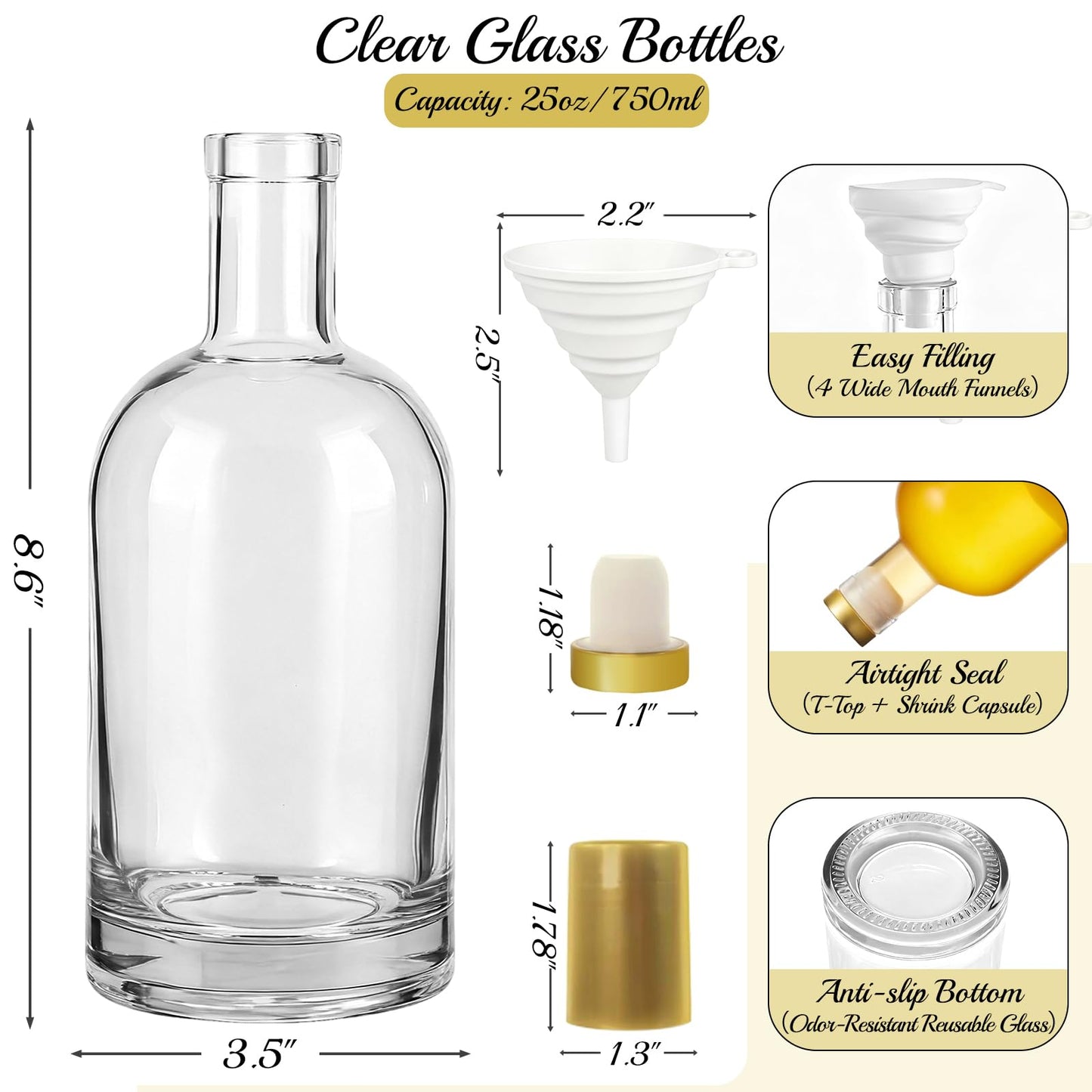 TBWIND 750ml Clear Glass Liquor Bottles with Cork, 4 Pack 25 oz Clear Empty Bottles, Thick Heavy Base Airtight Wine Bottles for Beverages, Liquor, Whiskey, Oil, Vinegar, Wedding Favors & Crafts