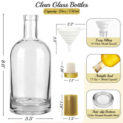 TBWIND 750ml Clear Glass Liquor Bottles with Cork, 4 Pack 25 oz Clear Empty Bottles, Thick Heavy Base Airtight Wine Bottles for Beverages, Liquor, Whiskey, Oil, Vinegar, Wedding Favors & Crafts
