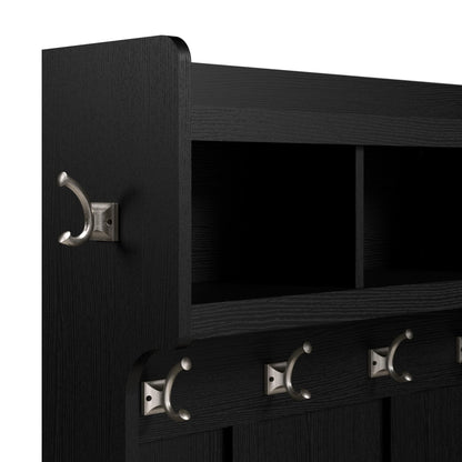 Bush Home Woodland 40W Entryway Bench with Doors and Wall Mounted Coat Rack in Black Suede Oak | Mudroom Shoe Storage, Clothing Organizer