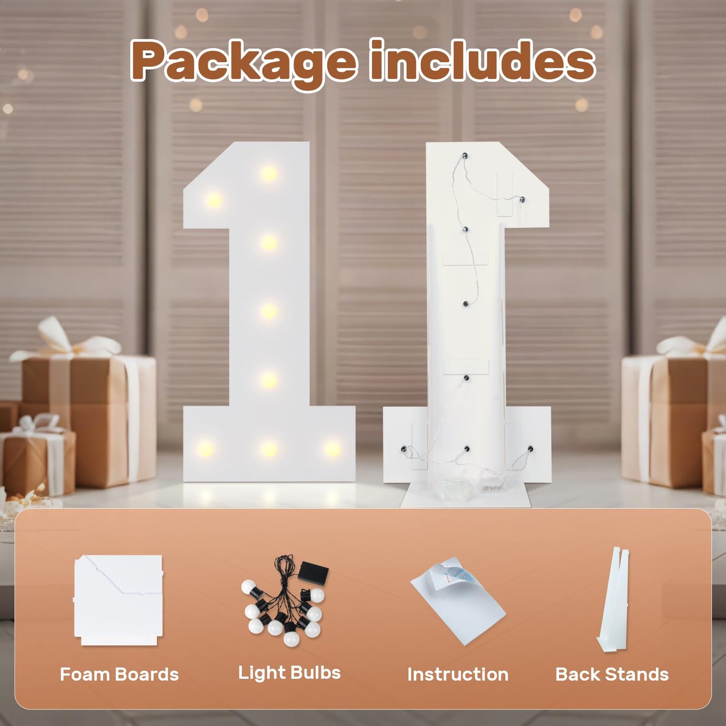 Bugame 3FT Light Up Letters, Quick 7-Min Setup No Edge Assembly Needed, Lightweight Foam Board Marquee Letters for Birthday Wedding Baby Shower Backdrop Decor, Letter N